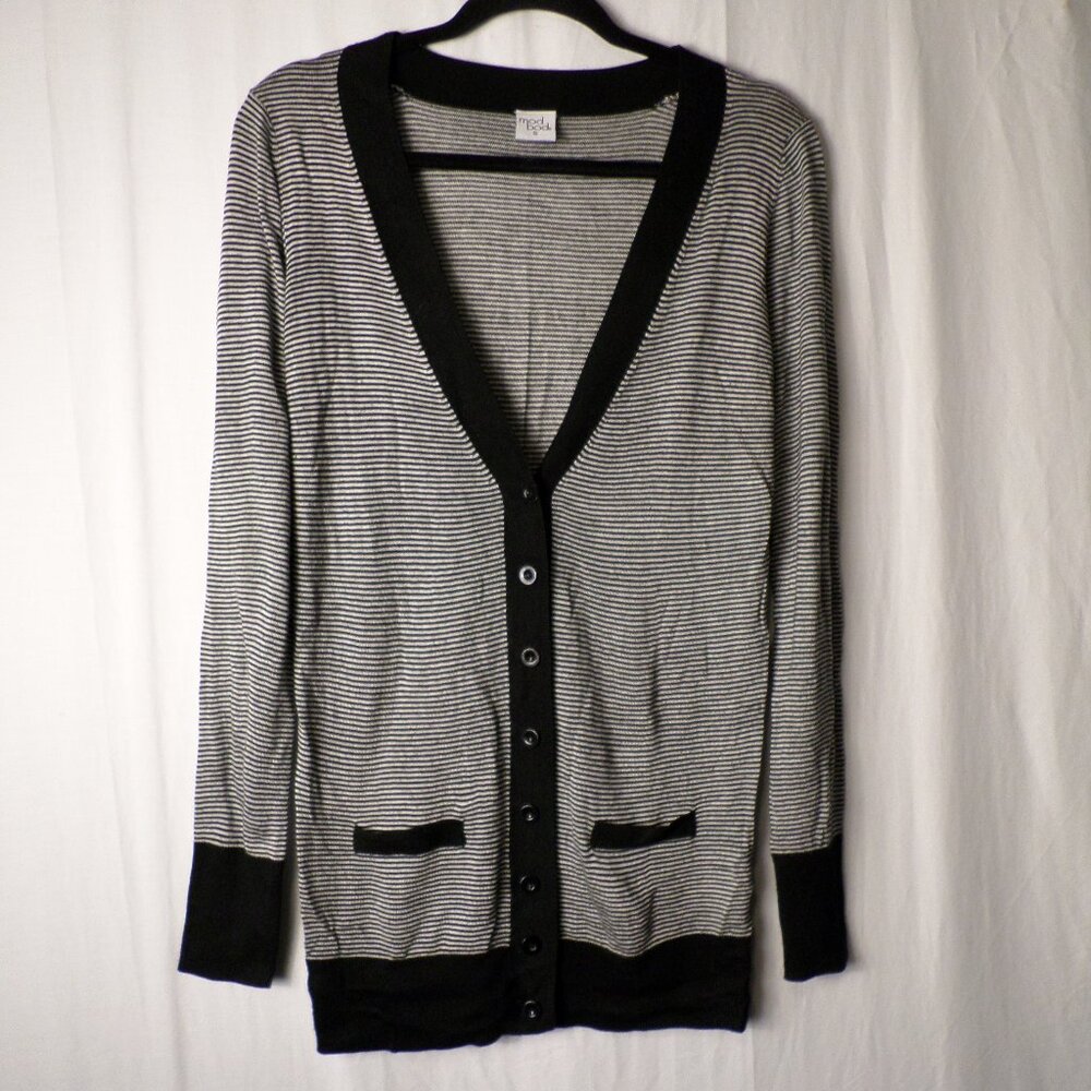 Mod Bod Black & White Cardigan Striped Button Front Sweater Womens Sz Small